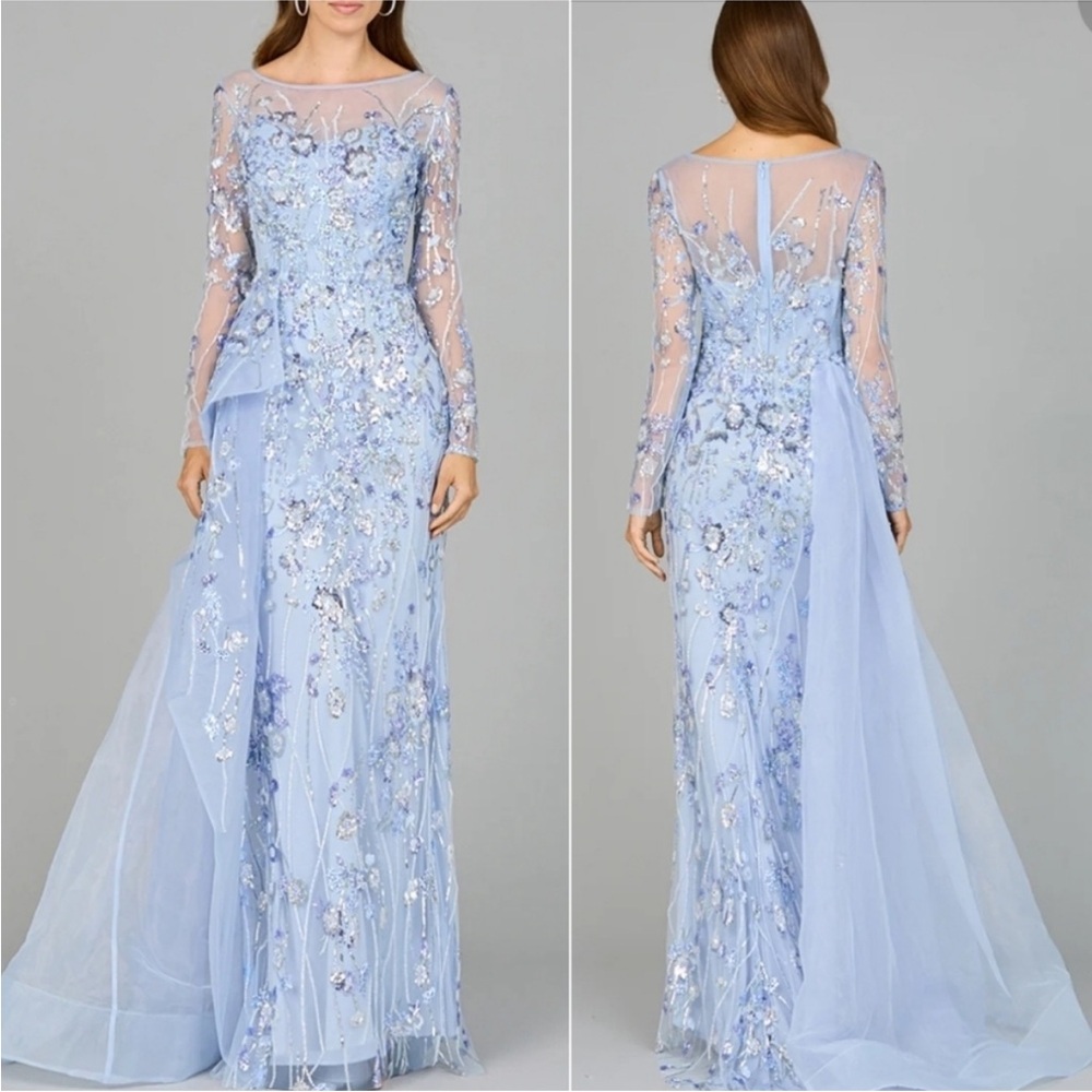 NWT Lara Powder Blue Asymmetrical Overlay Gown with Sleeves SZ 10